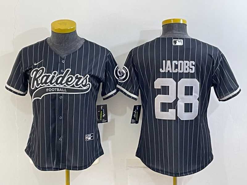 Women%27s Las Vegas Raiders #28 Josh Jacobs Black Team Big Logo With Patch Cool Base Stitched Baseball Jersey->women nfl jersey->Women Jersey